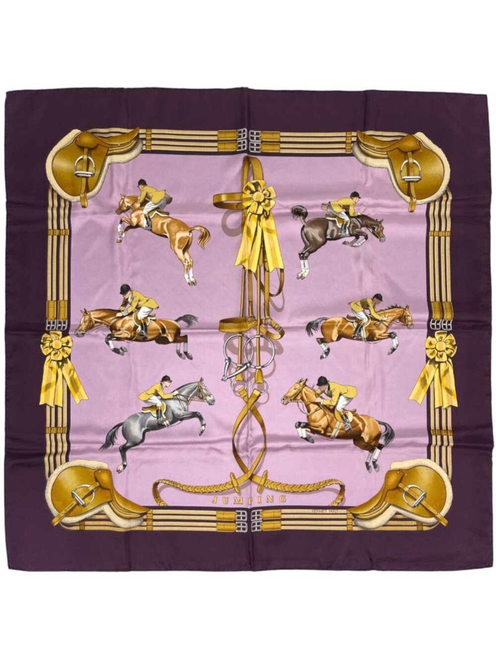 Hermes Carre 90 Jumping Scarf Horseback Riding Saddle Silk Purple Multicolor